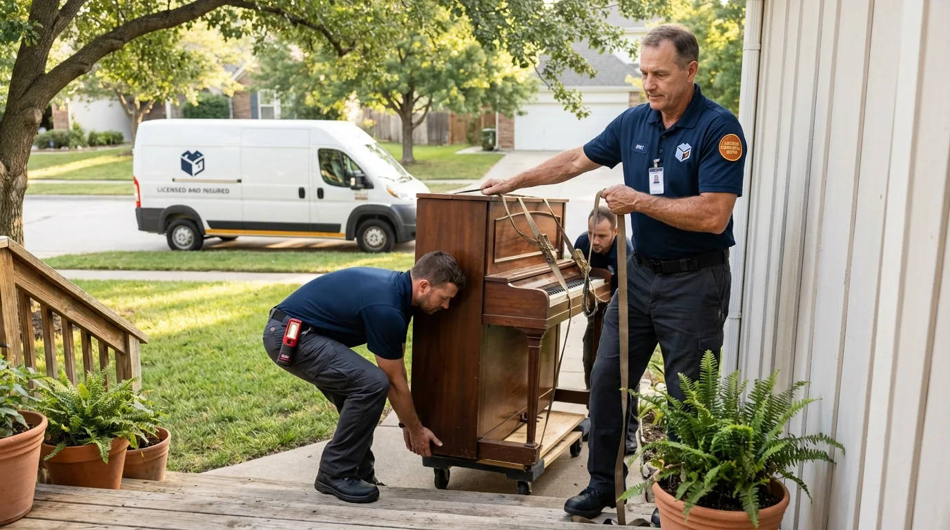 Licensed piano movers securing grand piano in Linden, NJ