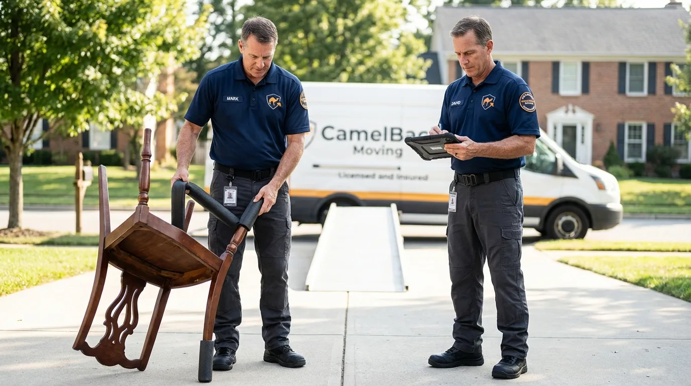 Movers inspecting furniture for damage prevention before loading in Linden, NJ
