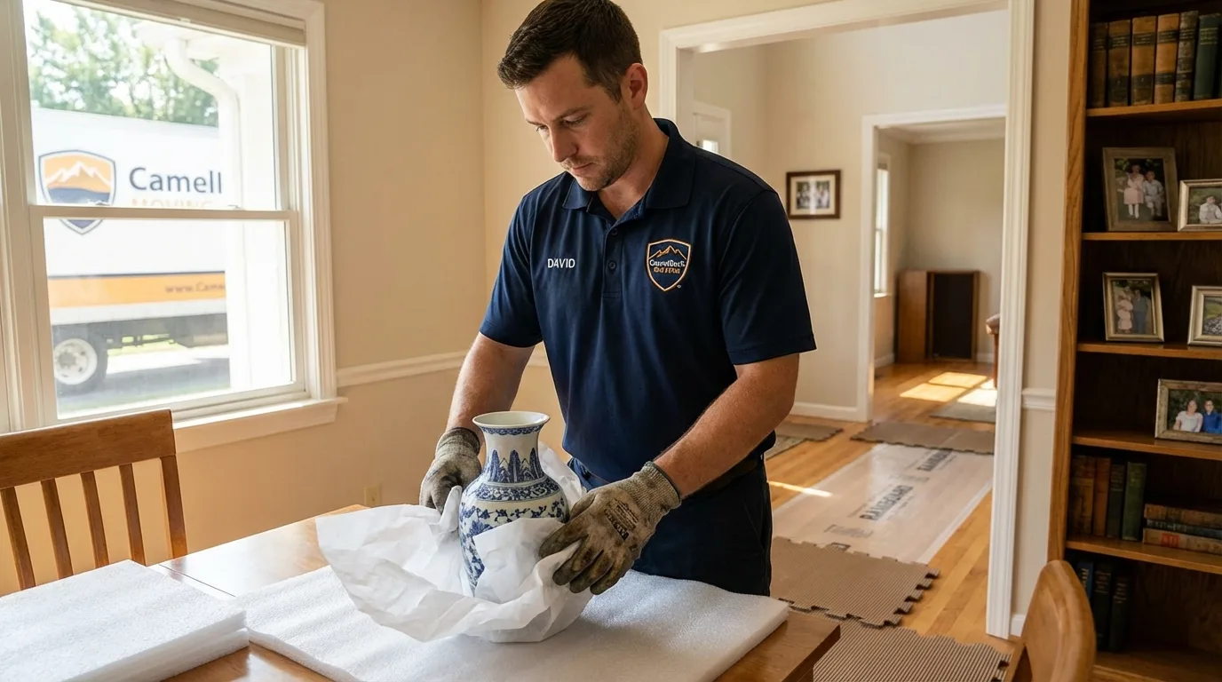 Professional crew carefully wrapping antique vase for senior downsizing move in Linden, NJ